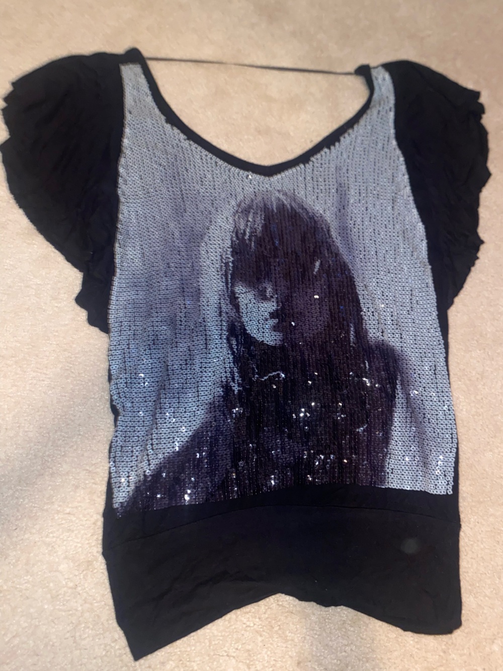 Sequin Portrait Flutter-Sleeve Women's Top - Black/Grey
